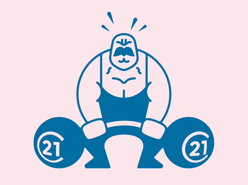 Man Bag motif. Old fashioned strong man, struggling with a heavy dumbell labelled 21st C.