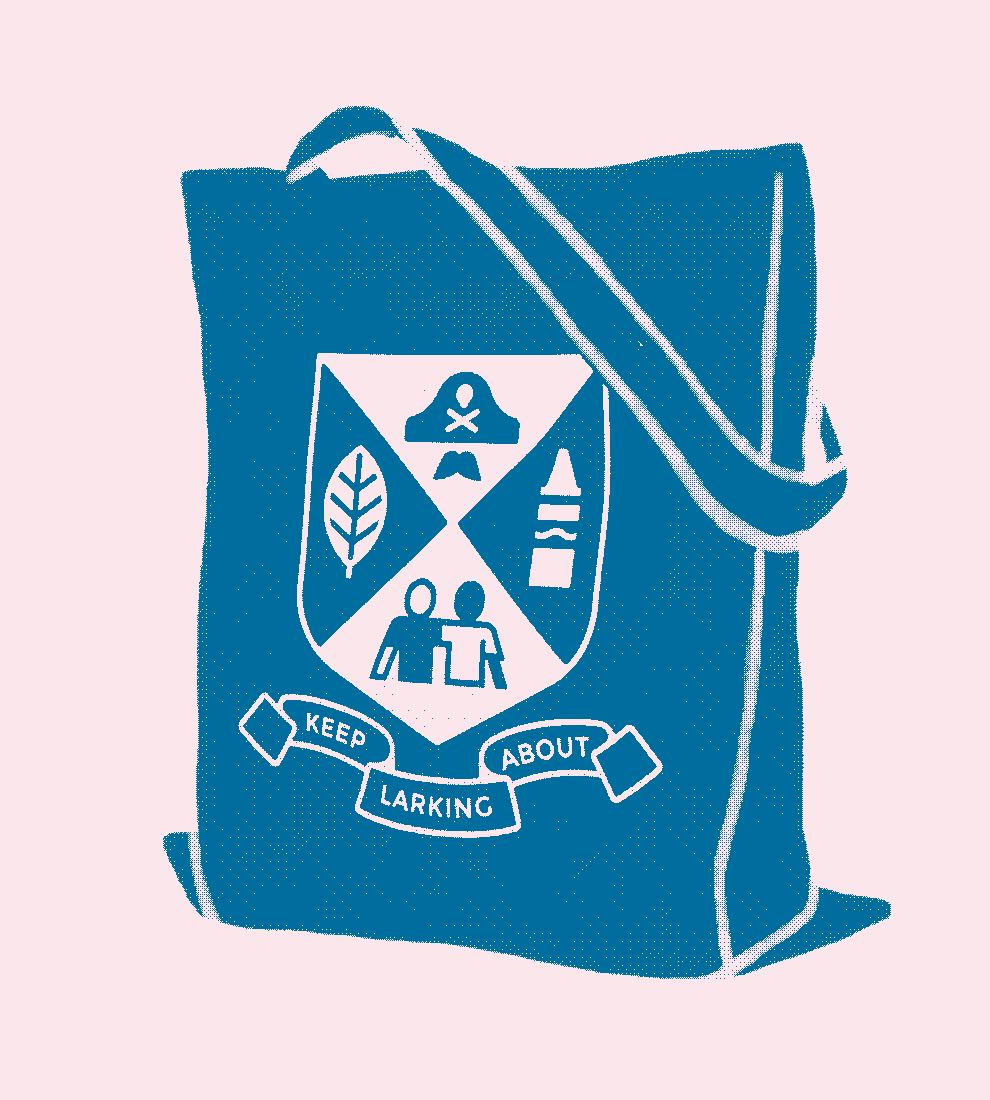 Photo of our navy blue School Bag with yellow school badge style motif.